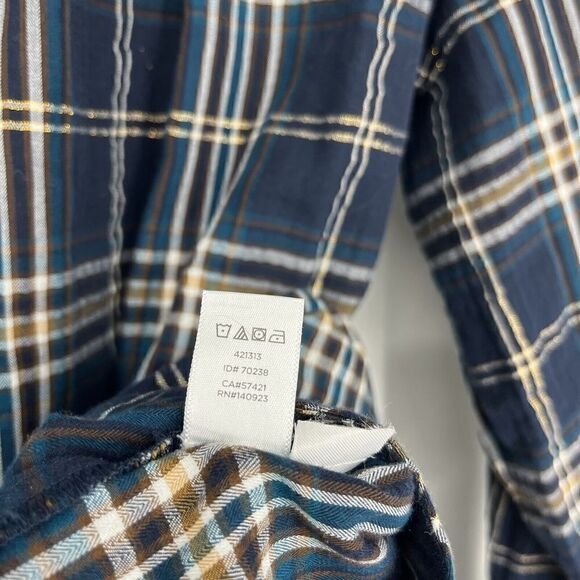 Loft Softened Top Size Large Women Navy Brown Plaid Long Sleeve Popover Shirt - Picture 7 of 7